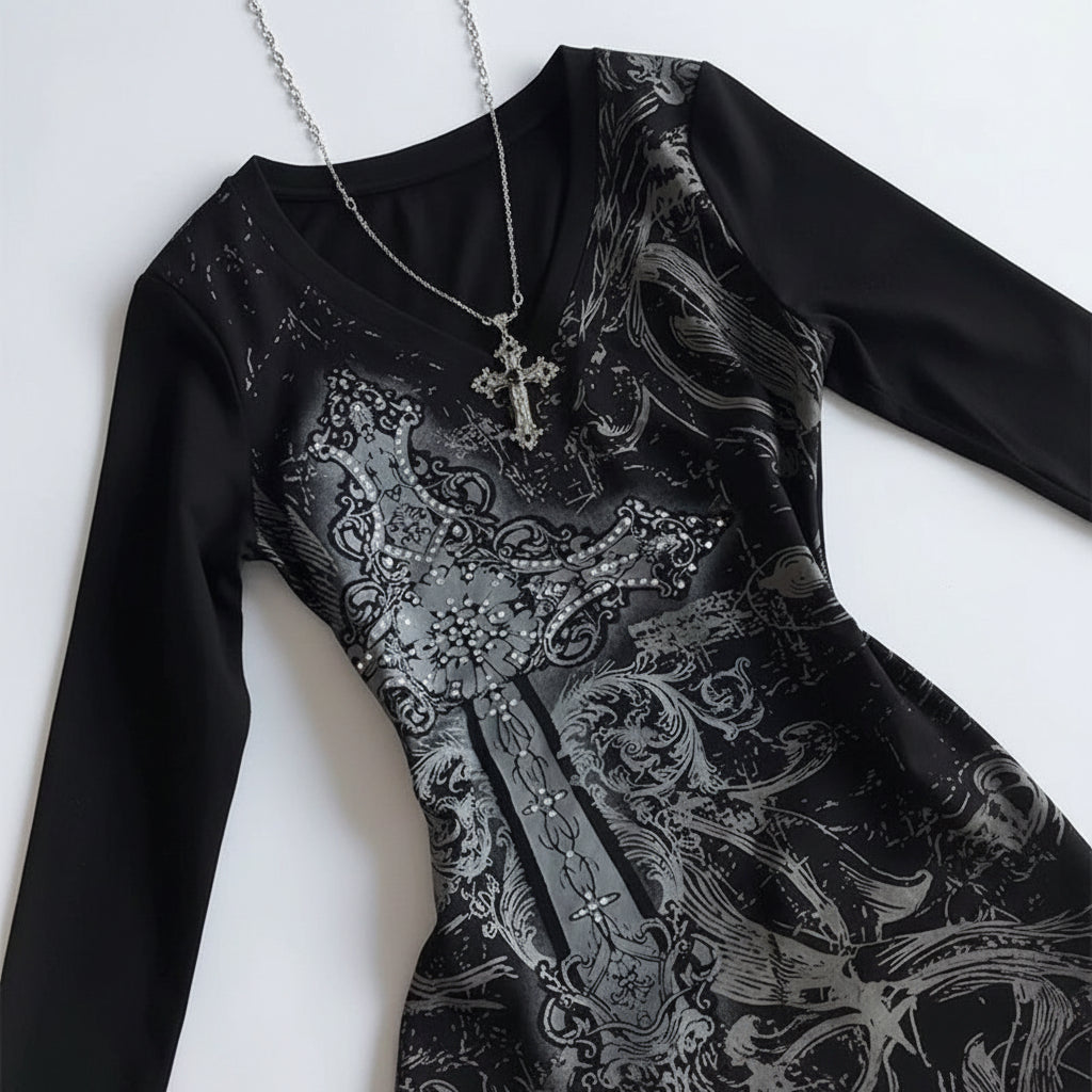 Y2K Gothic Cross Graphic Long Sleeve Top