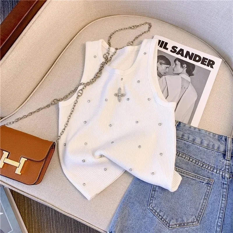 Summer Women's Beading Tank Top Embroidered Flares Tank Top Chic Diamonds O-Neck Design Slim Sleeveless Camisole