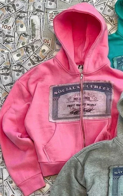 Y2K Dollar Print Streetwear Zip-Up