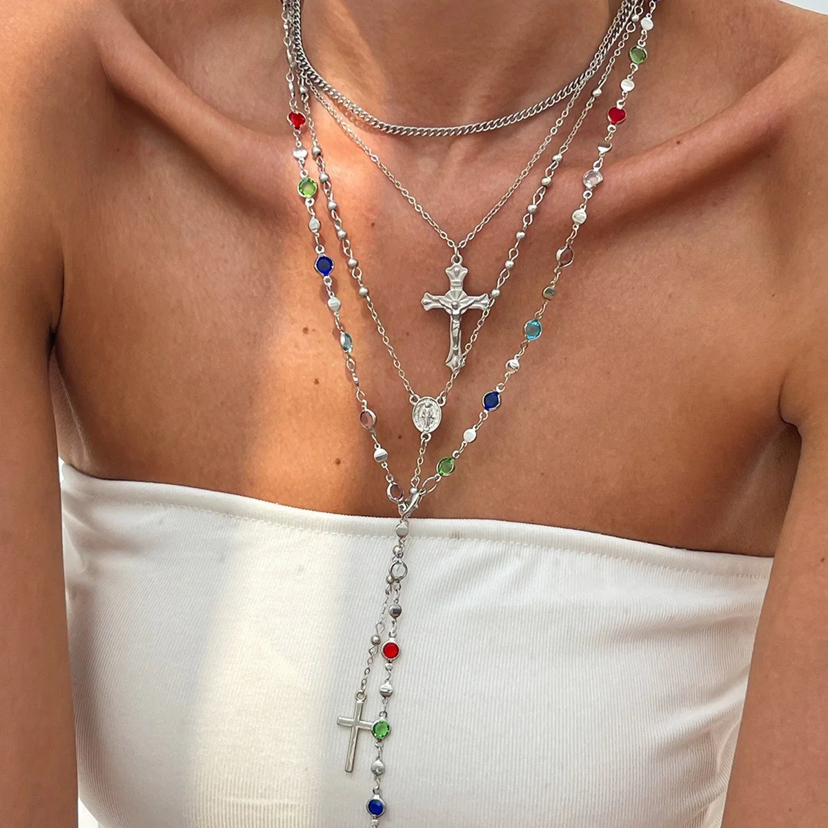 2000's Layered Rhinestone Cross Crystal Necklace