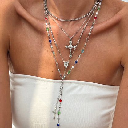 2000's Layered Rhinestone Cross Crystal Necklace