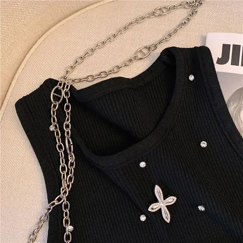 Summer Women's Beading Tank Top Embroidered Flares Tank Top Chic Diamonds O-Neck Design Slim Sleeveless Camisole