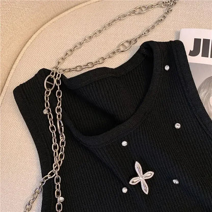 Summer Women's Beading Tank Top Embroidered Flares Tank Top Chic Diamonds O-Neck Design Slim Sleeveless Camisole