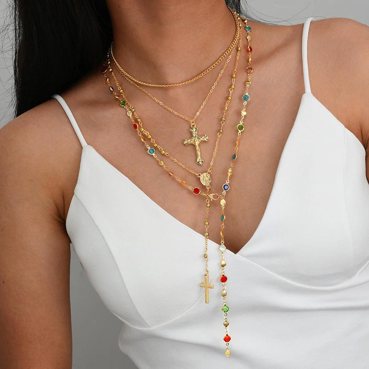 2000's Layered Rhinestone Cross Crystal Necklace