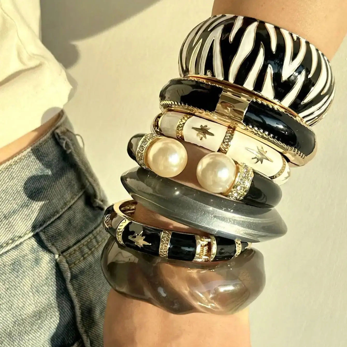 Y2K Chunky Bangle Zebra Resin Stack Set