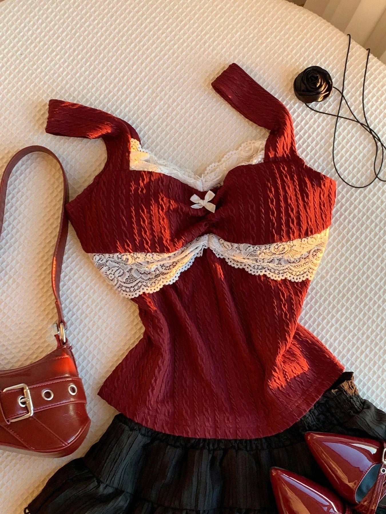 Y2K Lace Bow Babydoll Top