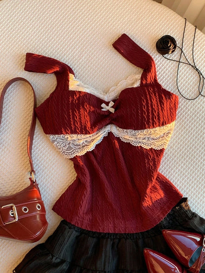 Y2K Lace Bow Babydoll Top