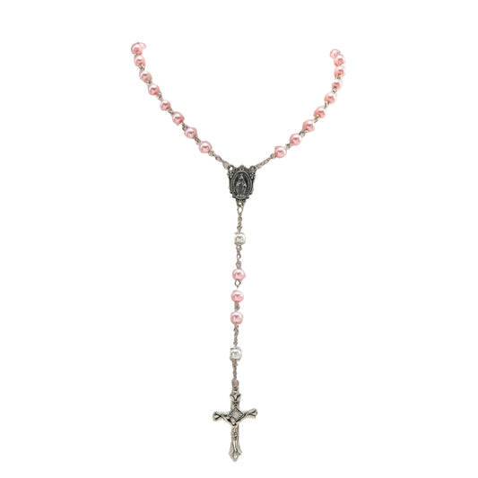 Pink Beaded Cross Pendant Necklace