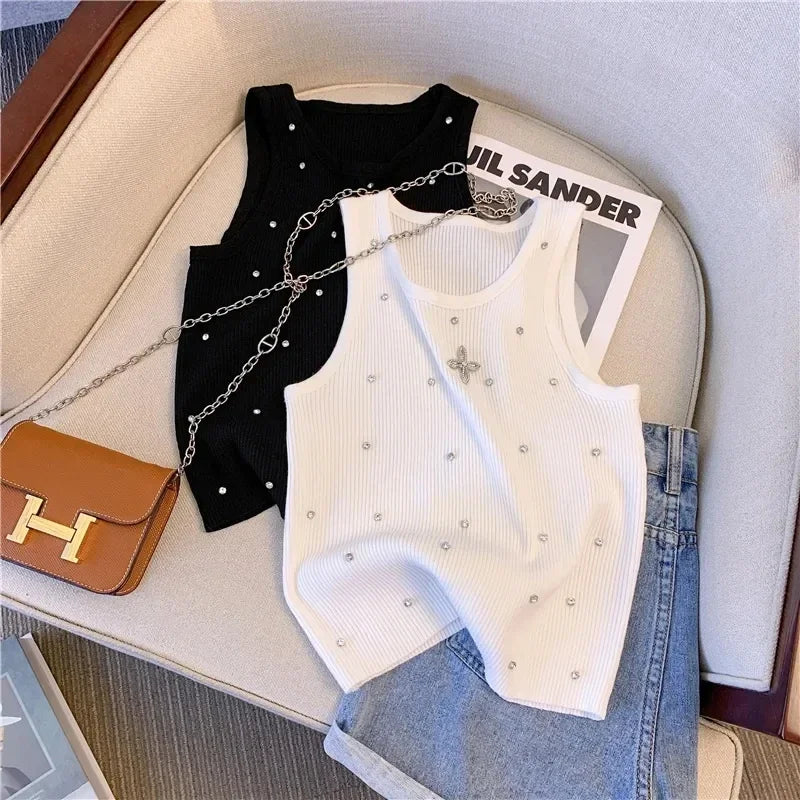 Summer Women's Beading Tank Top Embroidered Flares Tank Top Chic Diamonds O-Neck Design Slim Sleeveless Camisole