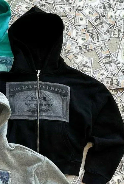 Y2K Dollar Print Streetwear Zip-Up