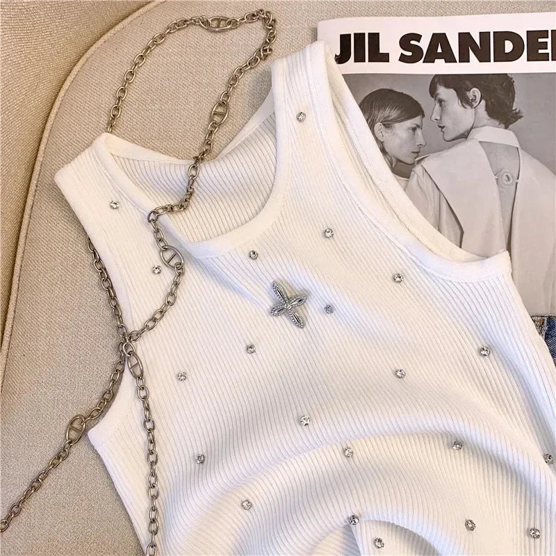 Summer Women's Beading Tank Top Embroidered Flares Tank Top Chic Diamonds O-Neck Design Slim Sleeveless Camisole