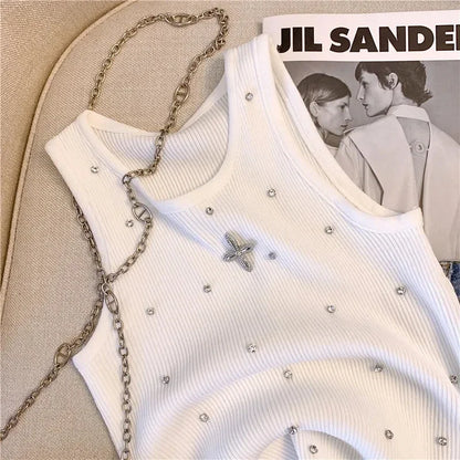 Summer Women's Beading Tank Top Embroidered Flares Tank Top Chic Diamonds O-Neck Design Slim Sleeveless Camisole