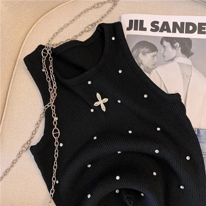 Summer Women's Beading Tank Top Embroidered Flares Tank Top Chic Diamonds O-Neck Design Slim Sleeveless Camisole