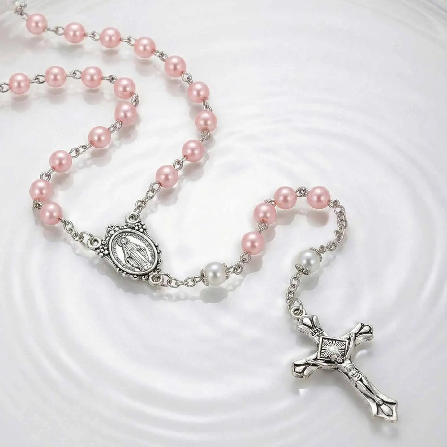Pink Beaded Cross Pendant Necklace