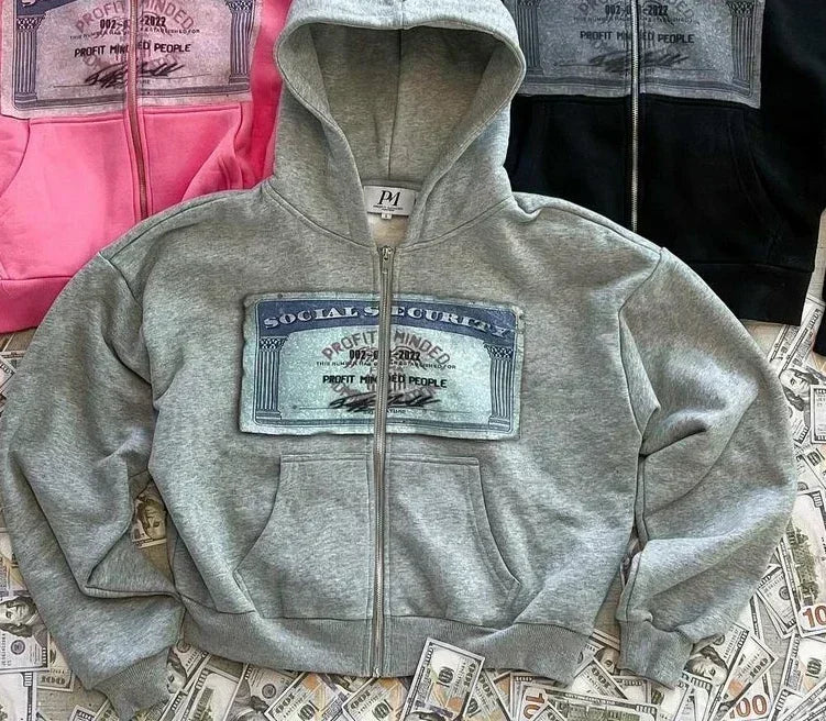 Y2K Dollar Print Streetwear Zip-Up