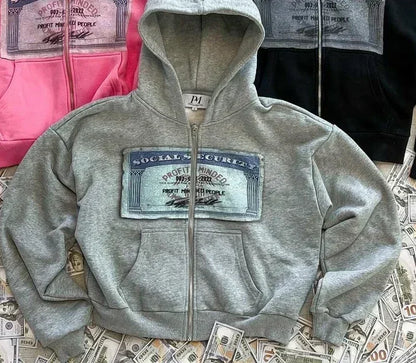 Y2K Dollar Print Streetwear Zip-Up