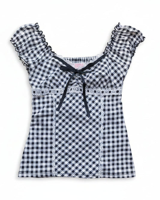 Y2K Gingham Lace Trim Babydoll Top