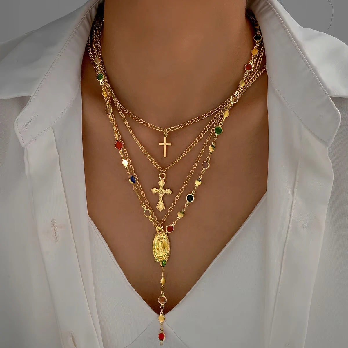 2000's Layered Rhinestone Cross Crystal Necklace