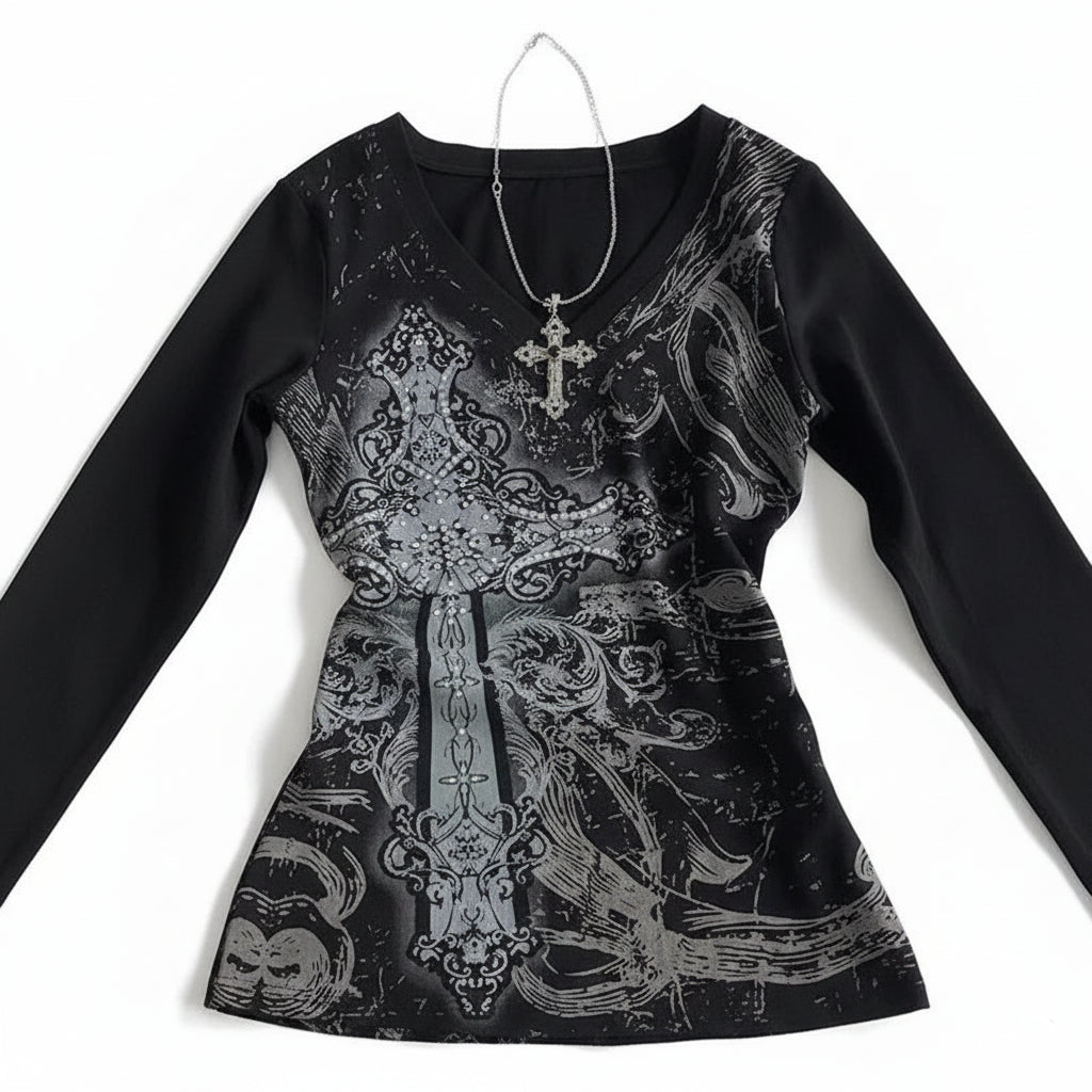 Y2K Gothic Cross Graphic Long Sleeve Top