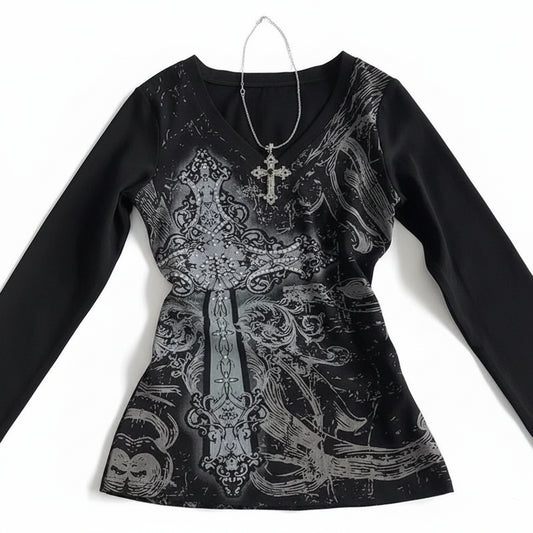 Y2K Gothic Cross Graphic Long Sleeve Top